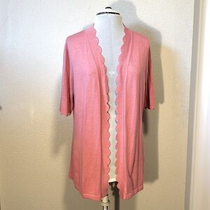 Isaac Mizrahi cardigan scalloped edge, short sleeve, hourglass fit, pretty pink.